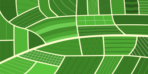 Fototapeta premium Top view of agriculture farm field, rice and green tea plantation background. Abstract aerial map, agricultural patchwork landscape, land texture of vineyard, farmland, rice paddy terrace, countryside