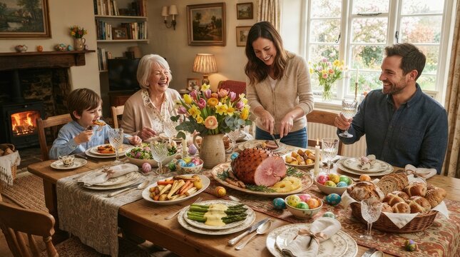 A happy family is gathered around a large wooden dining table, preparing a festive meal.