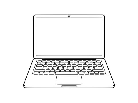 Minimalist laptop vector line art, open notebook computer outline, sleek portable device icon for web design and tech mockups