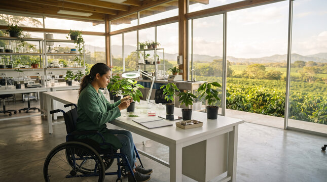 Scientist in wheelchair examining plant in laboratory with view of farm