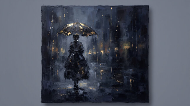 a young woman standing on a wet street at night. She holds a black umbrella, shielding her face from the rain.