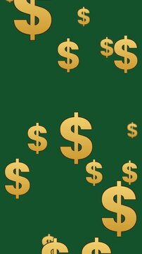 Seamless loop. Golden dollar signs march across dark green screen in vertical animation. Scattered currency symbols of varying sizes create dynamic money theme for finance and business content.
