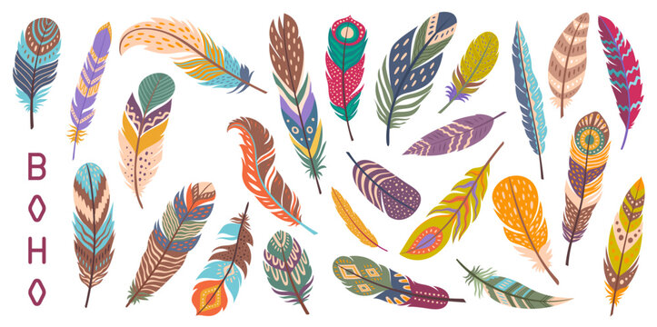 Boho and ethnic native indigenous tribal bird feathers, bohemian quill accessory. Cartoon american indian art feathers set with boho pattern of vibrant color fantasy shapes, hippie tattoo and print