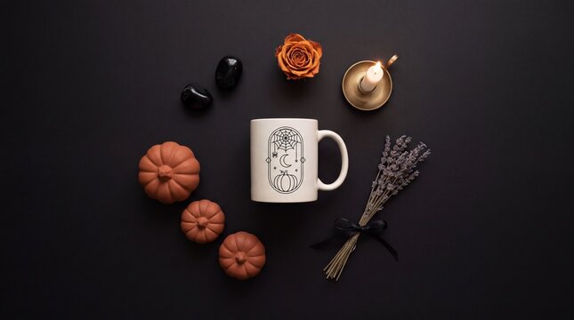 A premium minimalist Halloween-themed product mockup photography perfect for brands needing seasonal product placement backgrounds. Ideal for packaging designers, e-commerce brands, Etsy sellers, life
