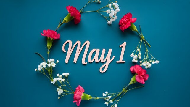 May 1 text written in elegant script surrounded by a beautiful floral wreath on blue background