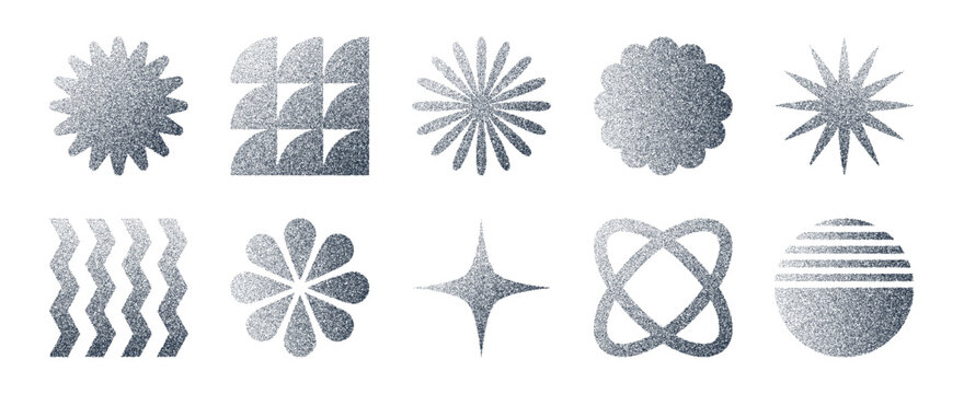 Grain geometric shape figures. Vector abstract dotted noisy elements with grunge grainy texture. Minimal monochrome retro futuristic forms including star, wave, circle, and floral gradient silhouettes