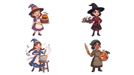 Obraz premium Cute Witch Baker Halloween Character Collection with Four Different Bakery Designs