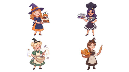 Fototapeta premium Cute Witch Baker Halloween Character Collection with Four Different Bakery Designs