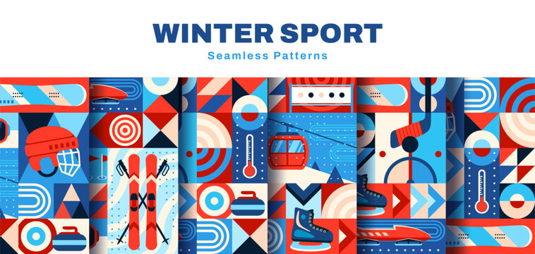 Winter sports seamless pattern with mosaic geometric background. Skis, skates and skeleton sled, snowboard, ice hockey game helmet and stick, mountain lift and curling stone, sport equipment patterns