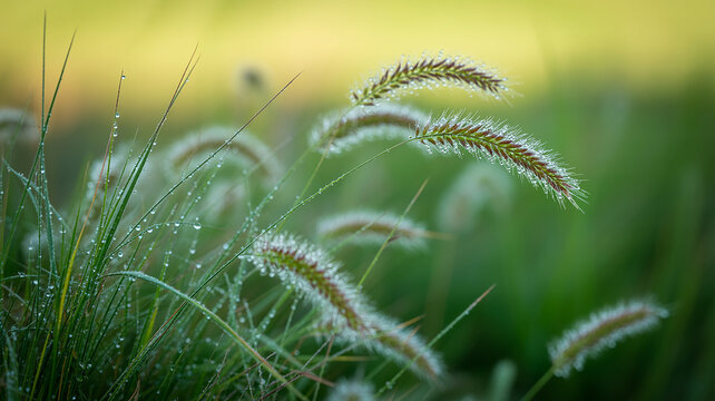 Dew drops on foxtail grass seed heads and blades water drops