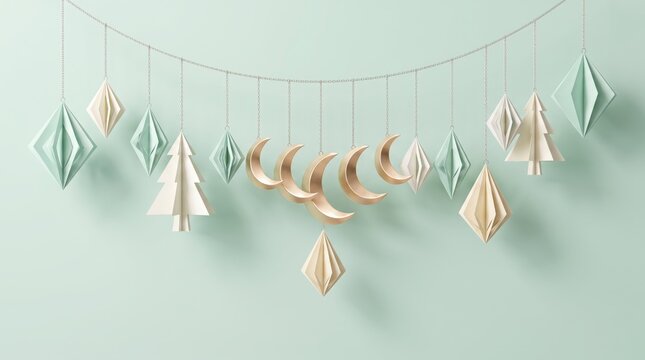 Pastel Christmas decorations with moons and trees on a string