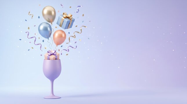 Birthday celebration with balloons and gifts emerging from a wine glass
