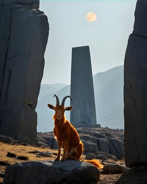 A  orange markhor kid goat hybrid, digitally created fantasy animal,  in a cursed monolith field