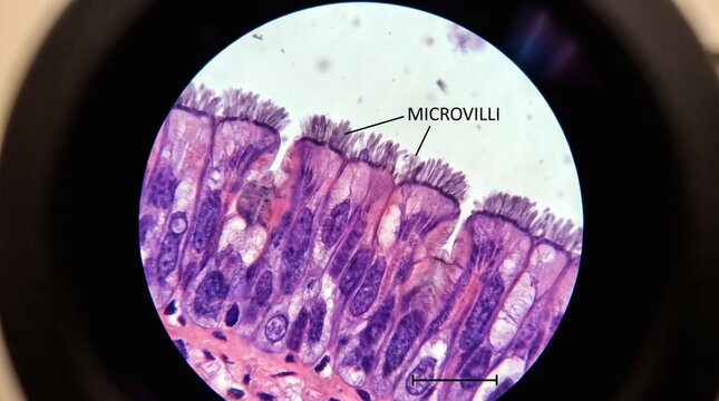 Close-up of intestinal epithelial cells with detailed microvilli structure