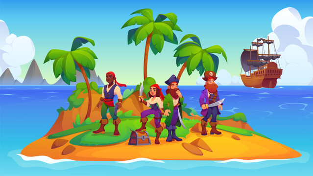 Cartoon pirates and corsair sailor characters on tropical island with treasures chest beneath palm trees with sailing ship on horizon, conveying adventure, danger and discovery in blue ocean landscape