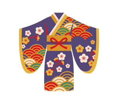 Traditional Japanese kimono icon in purple with gold trim, decorated with cherry blossom branches and colorful seigaiha wave patterns, featuring wide sleeves and gold obi belt with red bow tie