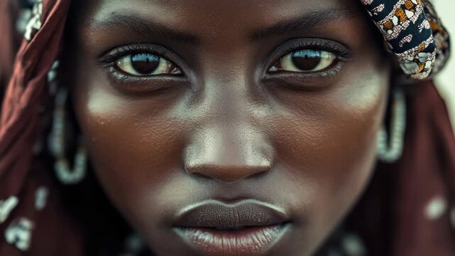 Close-up portrait of a Black woman with a patterned headwrap and intense gaze