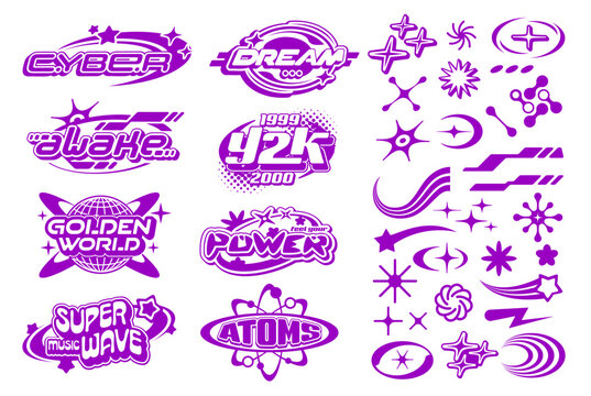 Purple y2k streetwear label icons and signs. Vector set of lilac nostalgic futuristic typography accompanied by starbursts, sparkles, comets, glitch effects and vaporwave elements in retro 2000 style