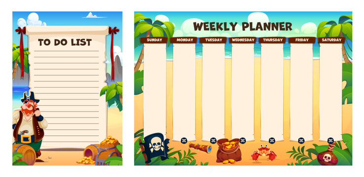 To do list paper task planning memo note and weekly planner schedule with funny pirate and treasures. Calendar pad, check list or journal template with corsair character on tropical island beach
