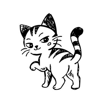 Doodle Style Tabby Cat Cartoon in Bold Sketch Line Art, Cute Black and White Cat Illustration for Stickers and Merchandise