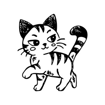 Cute Tabby Cat Sketch Illustration in Black and White, Cartoon Striped Cat Character for Stickers, Prints and Pet Design