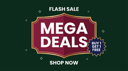 Fototapeta premium A vector design layout for a flash sale promotional graphic featuring bold mega deals text and a buy one get one free offer on dark background