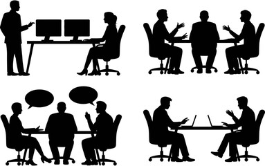 Fototapeta premium Silhouette collection of diverse business professionals in various office scenarios including meetings presentations group discussions and team collaboration at desks. 