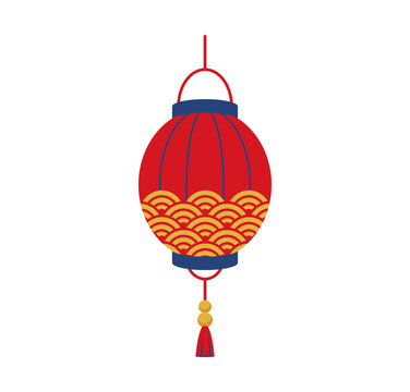 Chinese Lunar New Year red paper lantern with Seigaiha wave patterns and tassel. Traditional cartoon hanging summer festival of Japan, Japanese matsuri holiday icon. Asian festival lamp decoration