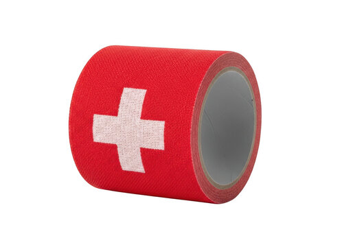 Red cohesive medical bandage roll with a white cross symbol for first aid care isolated on transparent background