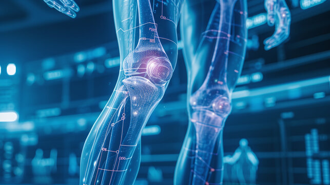 Futuristic human anatomy illustration showing knee joint medical scan digital interface technology research health diagnostic visualization biology scientific graphic model treatment data future eleme