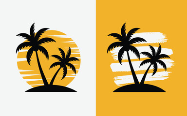 Fototapeta premium Tropical island silhouette with palm trees and round sunset background vector