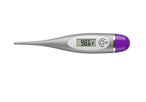 Digital thermometer showing normal human body temperature on a small screen isolated on transparent background