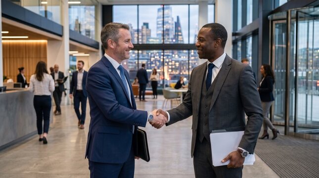 Two professional businessmen in formal suits shaking hands in a modern, sunlit corporate lobby with a city skyline view in the background.