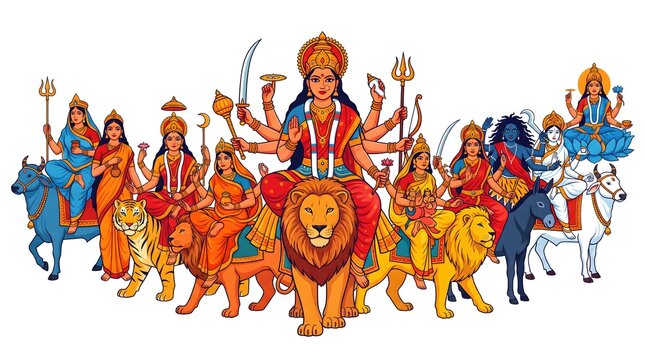 A vibrant depiction of goddess durga and her celestial family during the auspicious durga puja festival celebrations