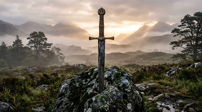Majestic medieval longsword embedded in mossy stone boulder surrounded by rolling Scottish highland mountains during misty golden hour sunrise creating heroic landscape photography