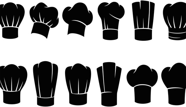 Silhouette collection of professional chef hats and baker toques in various styles for restaurant, kitchen, culinary, and food service logos.
