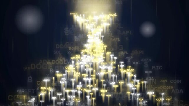 Abstract Digital Financial Data Visualization with Glowing Golden Candlestick Charts on Dark Blue Background
