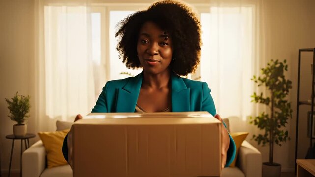 Woman receives delivery package at home. Smiling woman holds cardboard box in living room. Woman happy with package delivery. Customer receives parcel delivery at home. Woman with delivery box smiling