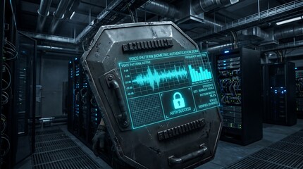 Fototapeta premium Cybersecurity data center server room with digital interface, holographic security lock on industrial metal panel, futuristic cloud computing infrastructure for network protection. Transparent
