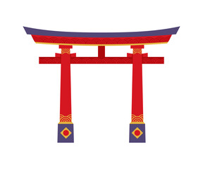 Fototapeta premium Japanese pagoda red torii gate, Japan travel, holiday and architecture icon. Asian temple entrance arch. Traditional portal with curved roofing and columns. Tori sacred shinto shrine gateway building