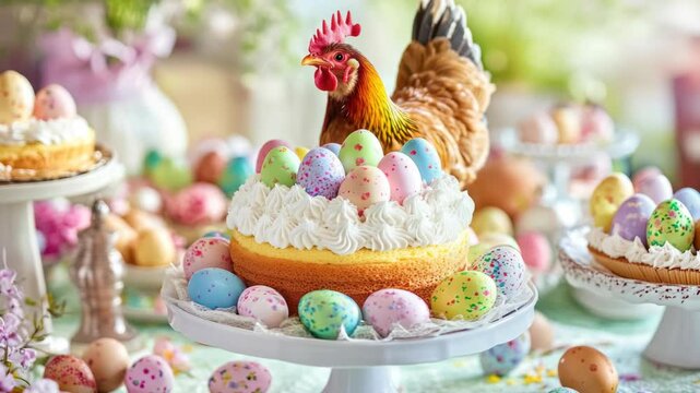 Festive Easter Cake with Rooster and Decorated Eggs