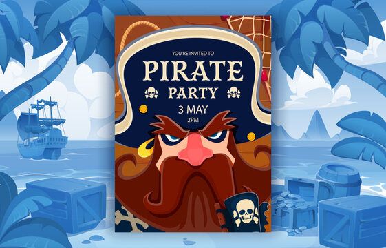 Kids pirate party flyer with angry corsair captain character wearing black tricorn hat and flag with skull and crossbones. Kids birthday party vertical flyer at pirate treasure island beach background