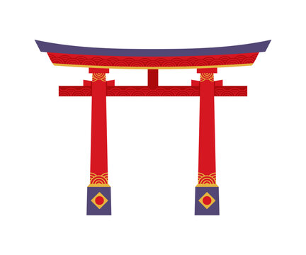 Japanese pagoda red torii gate, Japan travel, holiday and architecture icon. Asian temple entrance arch. Traditional portal with curved roofing and columns. Tori sacred shinto shrine gateway building