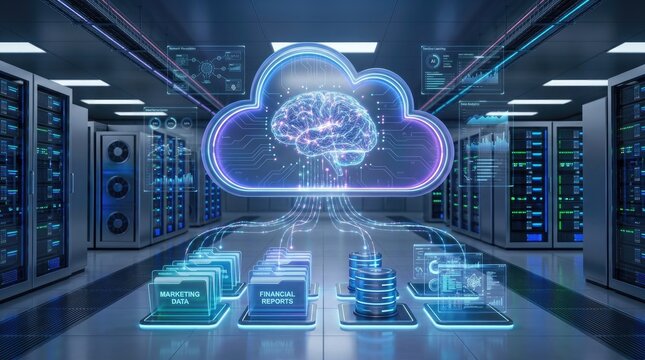 A futuristic server room showcases a massive cloud computing system.