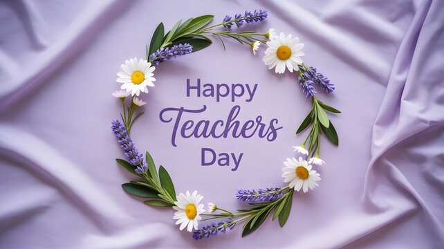 Happy teachers day greeting card with a beautiful flower wreath on a soft purple fabric background