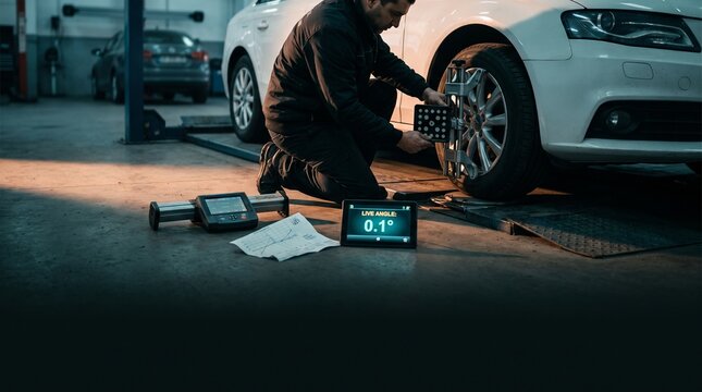 A mechanic attaches a 3D wheel alignment target clamp to a white car rim, with digital measurement displays and diagnostic documentation laid out on the workshop floor.