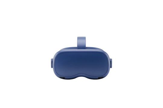 Dark blue virtual reality headset with adjustable strap and smooth rounded plastic exterior shell isolated on a transparent background