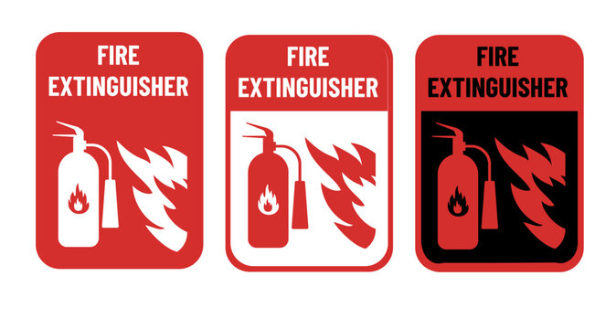 Safety equipment vector set with fire extinguisher and emergency tools. Professional firefighting gear including red containers, foam dispensers, and protection symbols for hazard prevention.