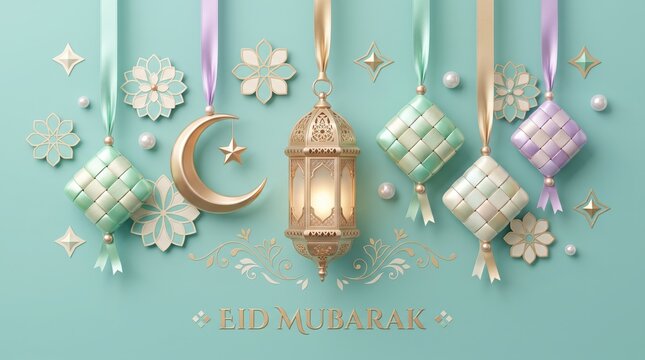 Eid Mubarak greeting card with gold lantern and pastel decorations