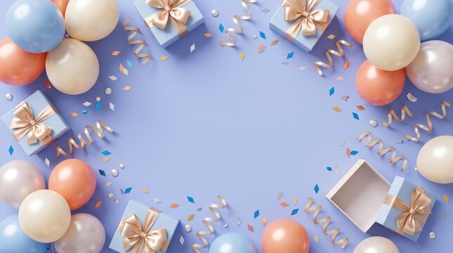 Colorful birthday celebration background with balloons and gift boxes